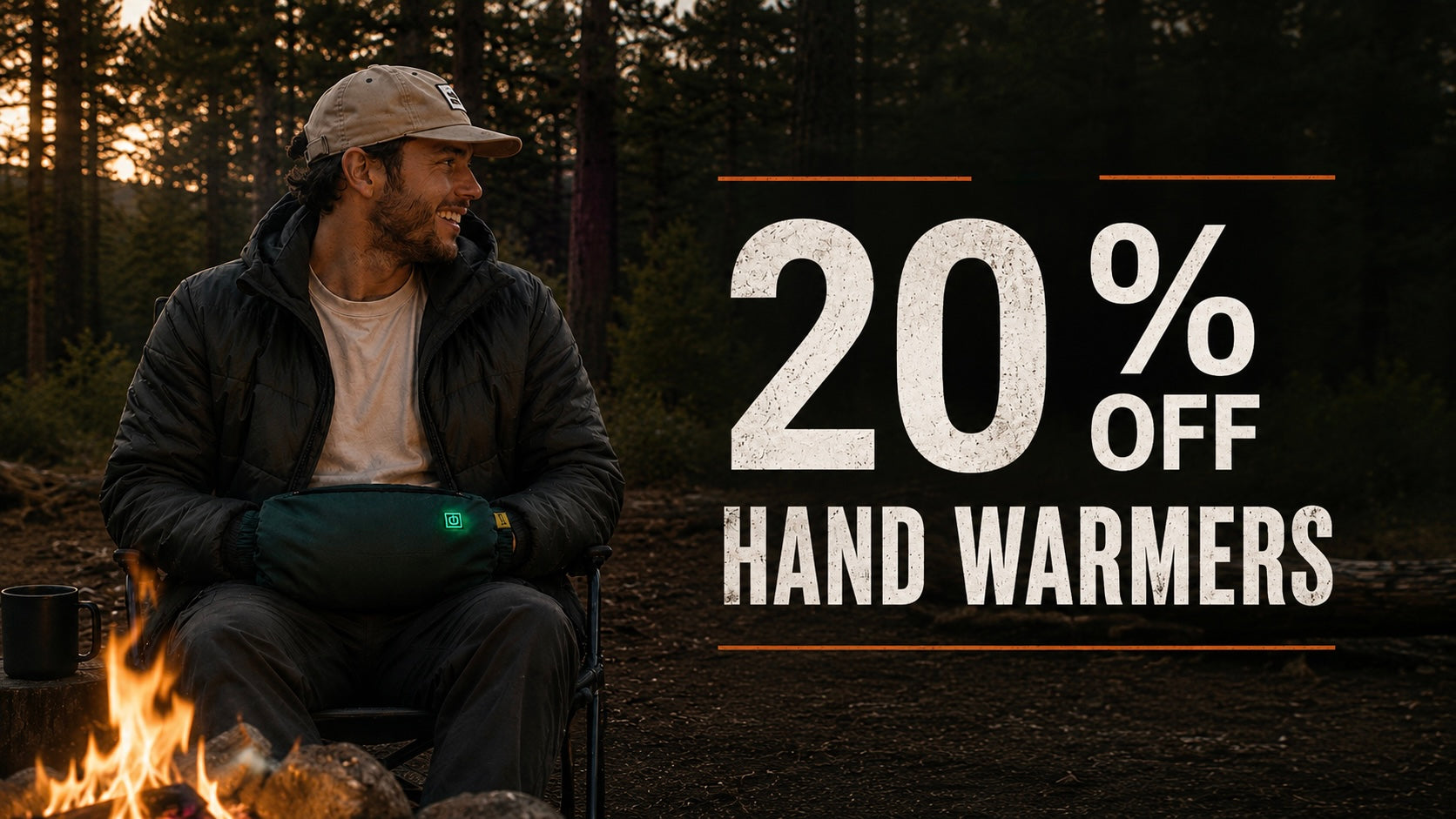 Man sitting by a campfire with promotional text for hand warmers in the foreground