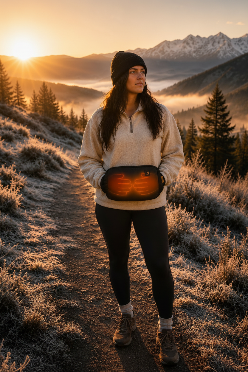 Woman standing on a mountain path with a heated hand warmer at sunset