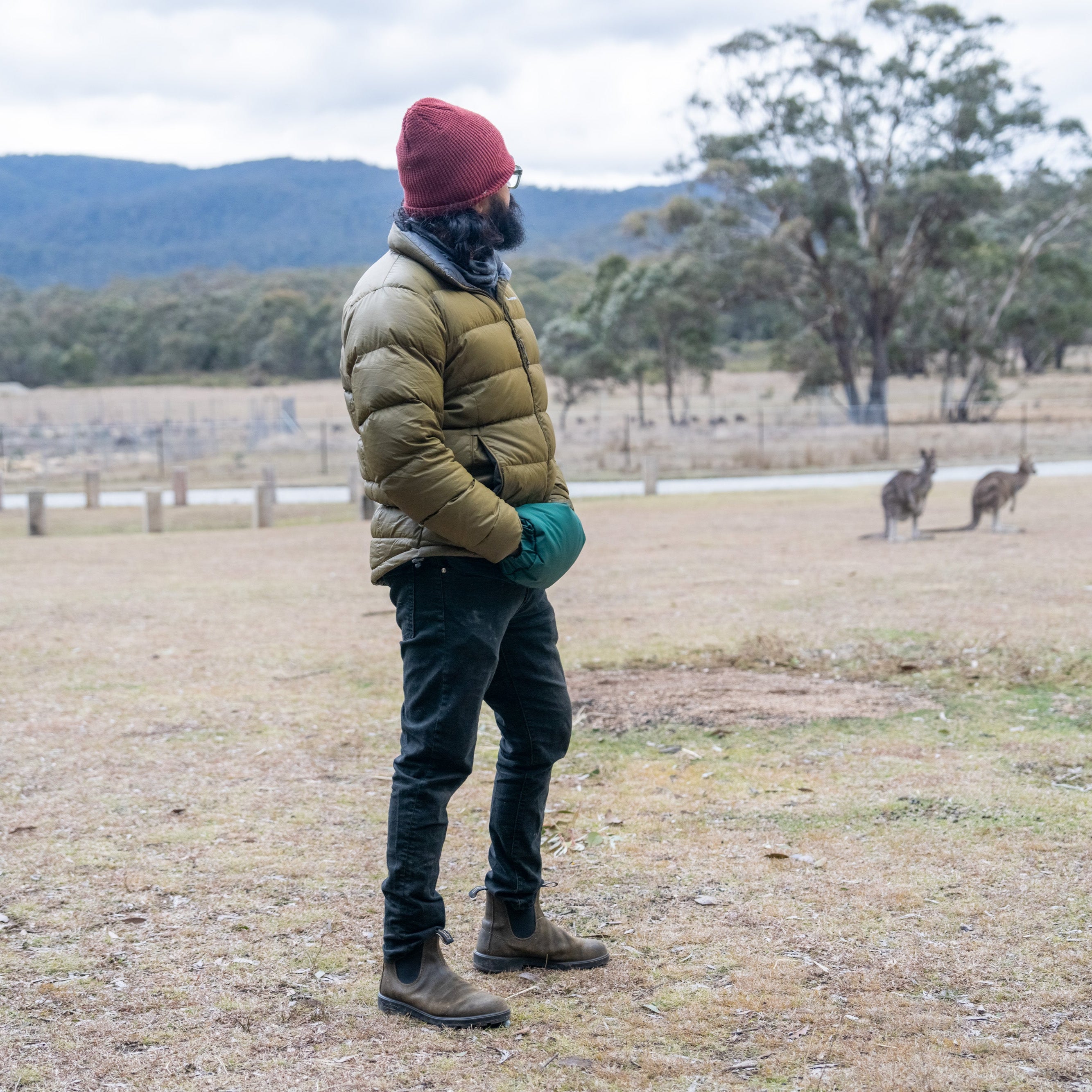 Person in a puffer jacket and beanie standing in a field with kangaroos in the background