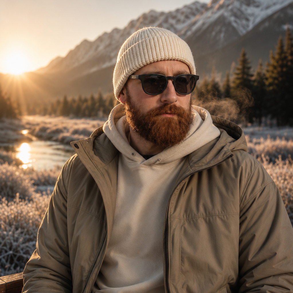 Man with a beard wearing sunglasses and a beanie sitting by a mountain lake at sunset.