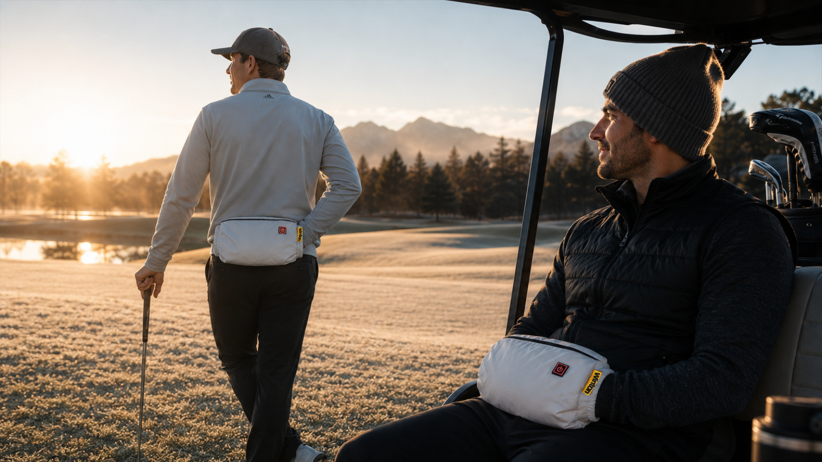 Early morning on the golf course using hand warmers to keep hands warm