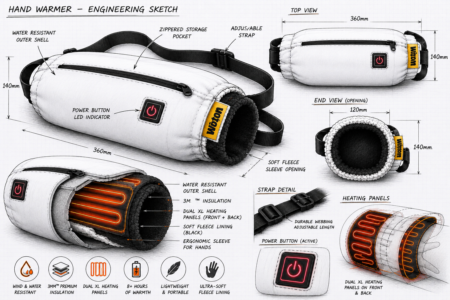 Engineering sketch of a hand warmer with various views and features labeled.
