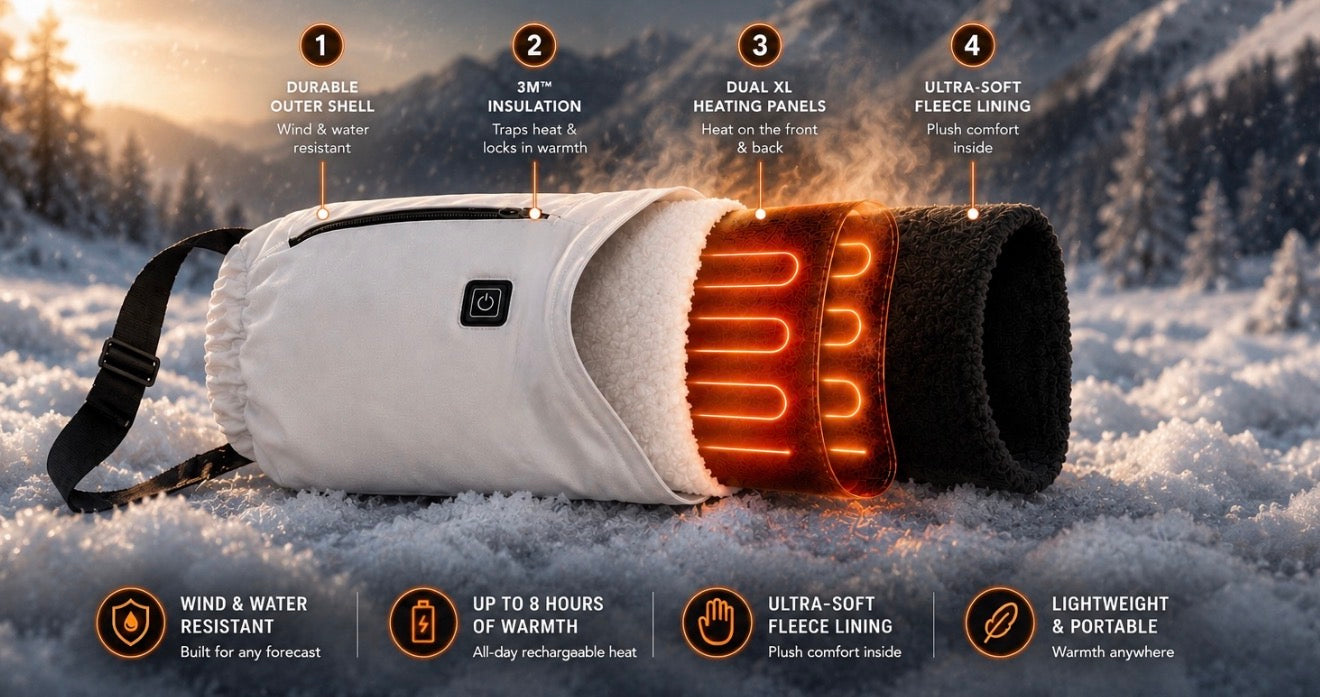 Heated hand warmer with glowing heating elements in a snowy landscape, featuring features of the product.