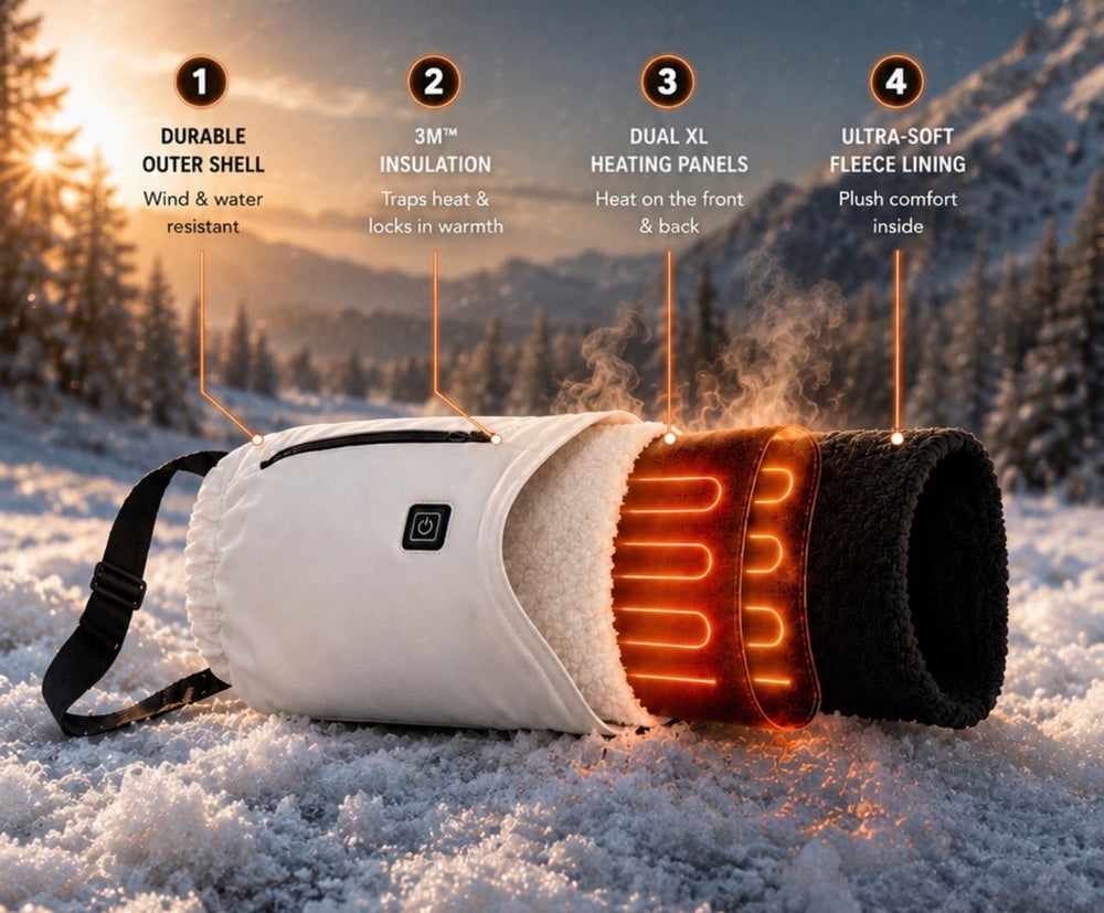 Heated hand warmer with glowing heating panels in a snowy landscape, featuring text on features.