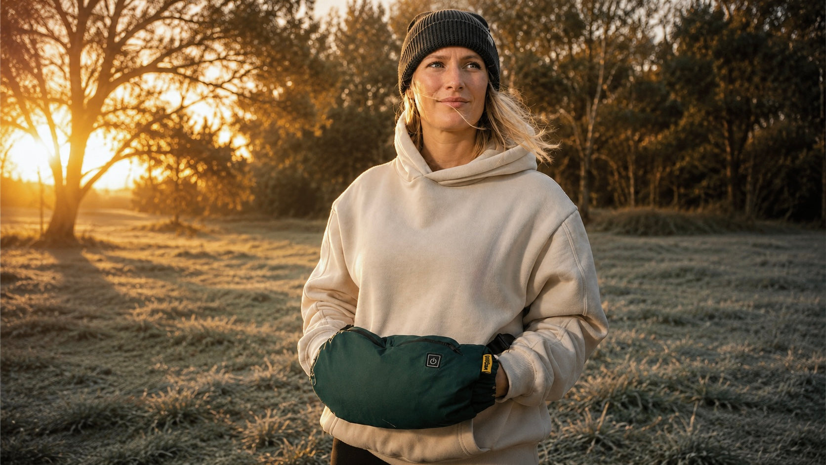 Beautiful women standing in a frosted field hands inside a toasty warm rechargeable heated hand warmer