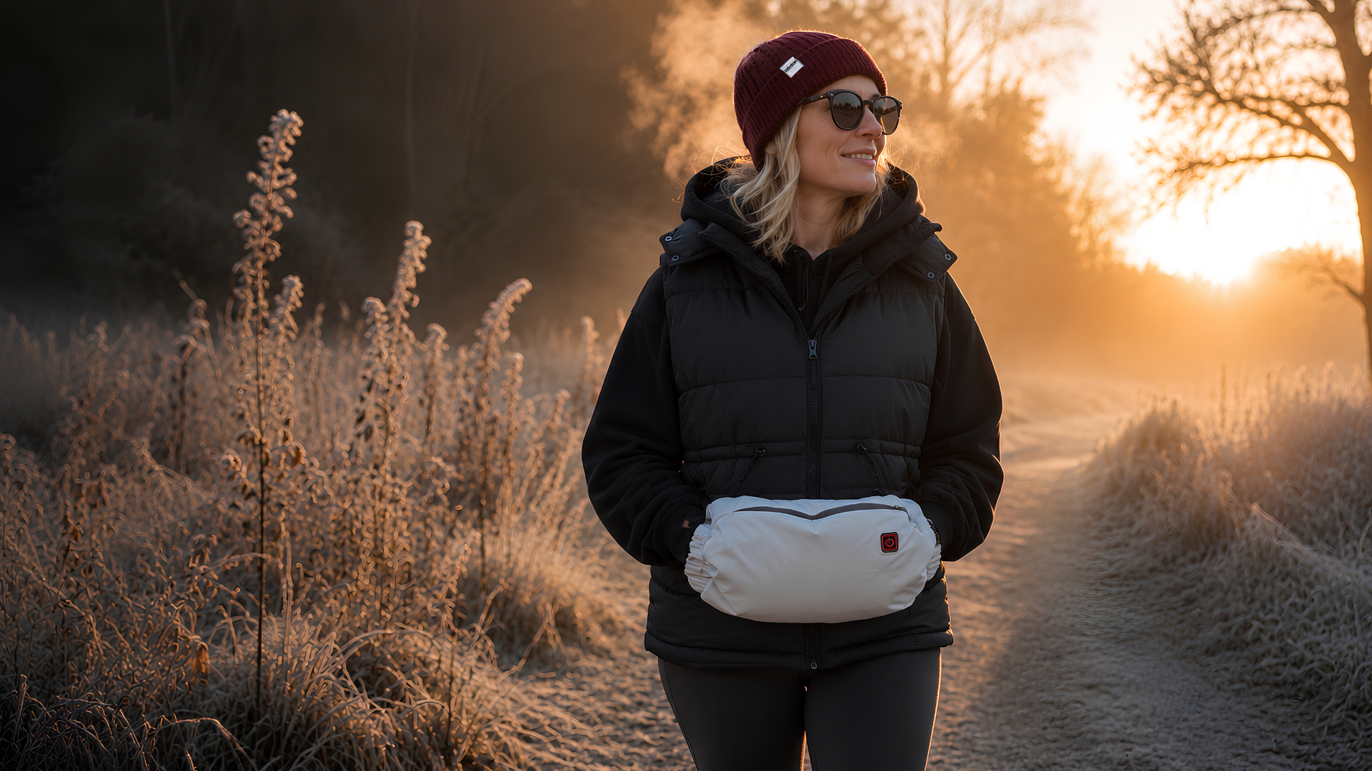 Person standing in a frosty field with their hands nice and warm within a heated hand warmer with a sunset in the background