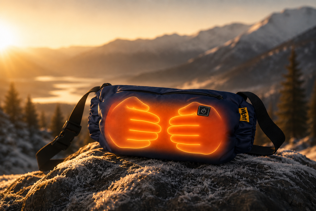 hand warmer with hand designs on a rock with a mountainous landscape in the background