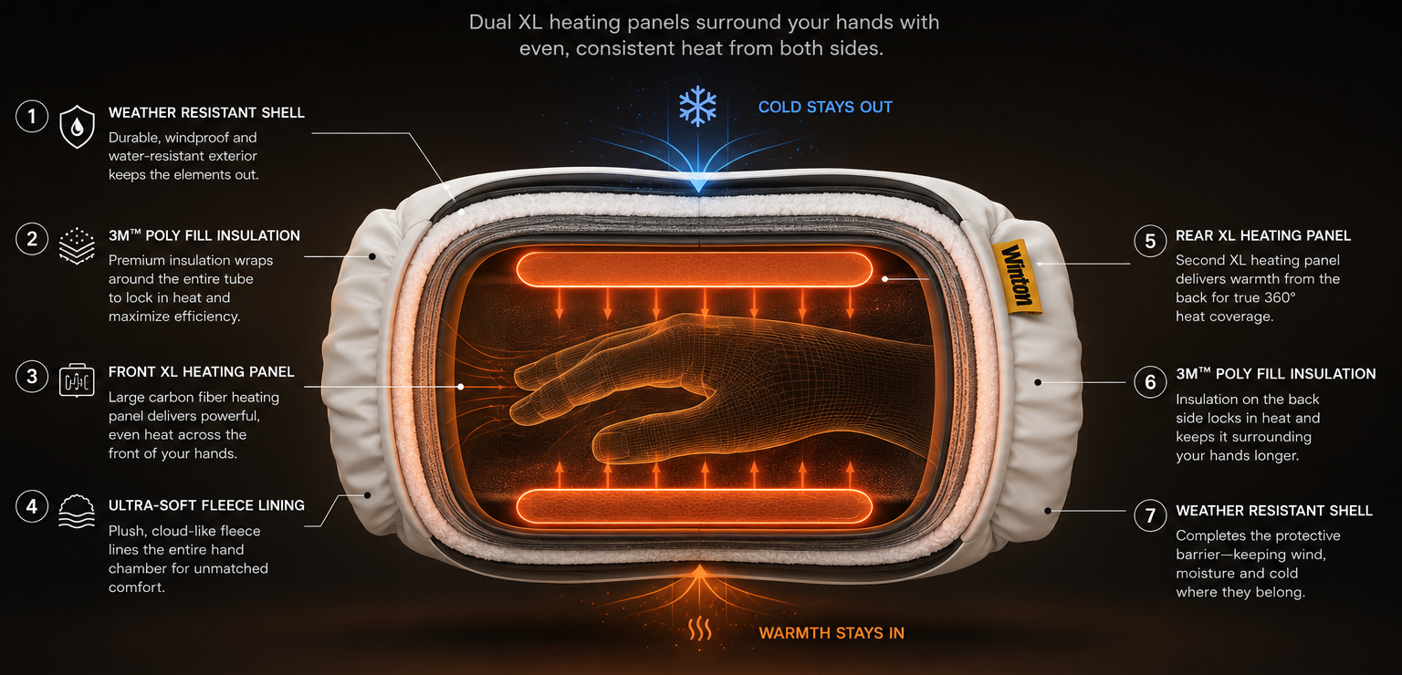 Heated hand warmer device with heating elements and feature list on a dark background