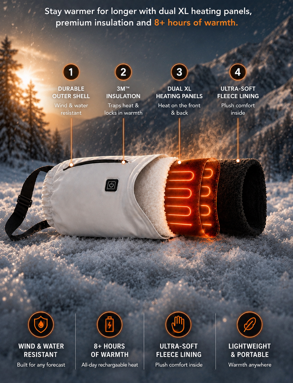 Heated bag with dual XL heating panels in a snowy landscape, featuring text about warmth and features.