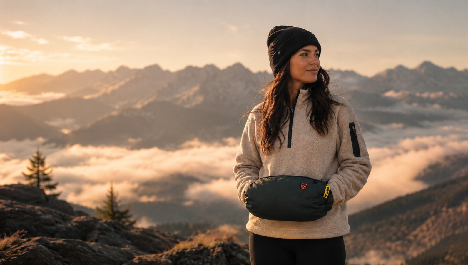Women standing up the top of a mountain range with a beanie and hands inside a really warm hand warmer