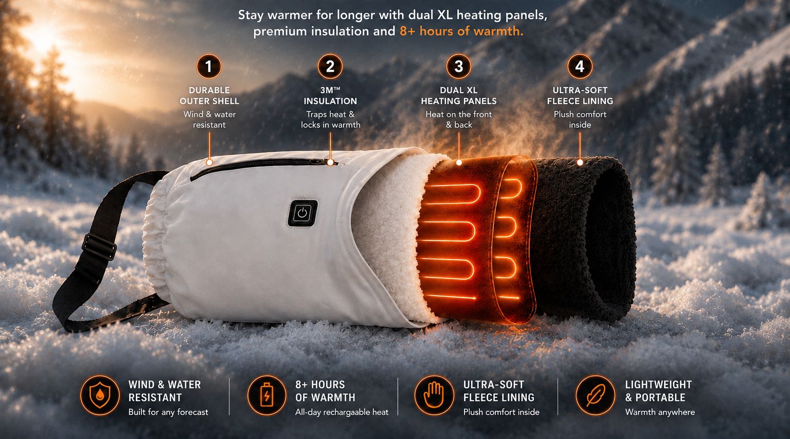 sectional diagram of the heated hand warmer. with some text information around the outside