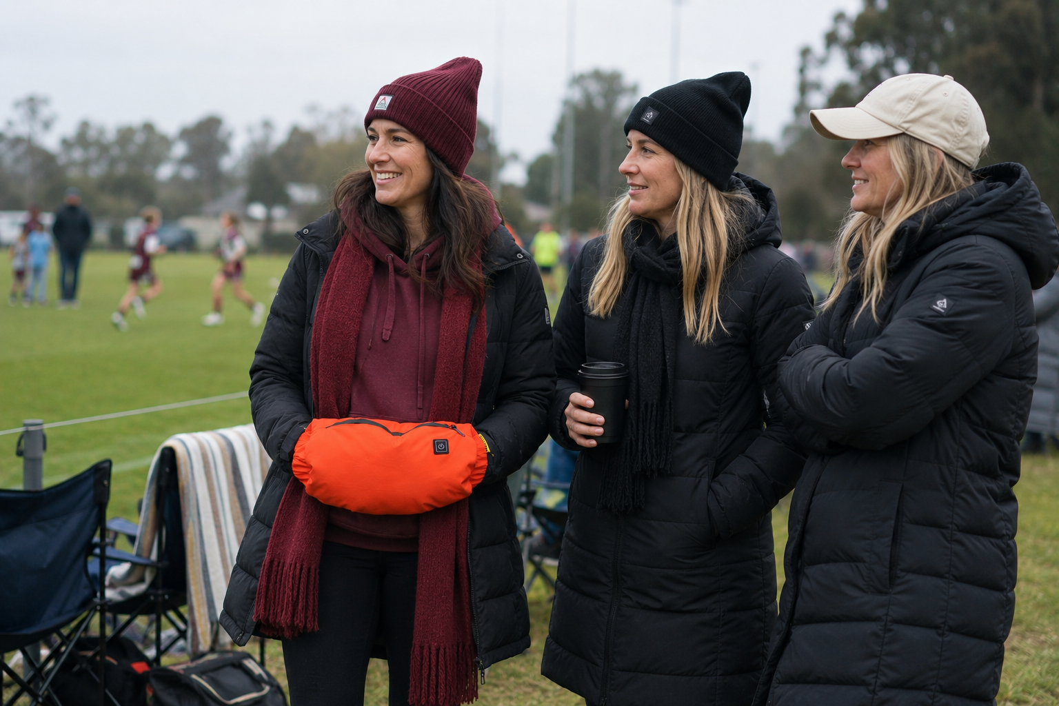 Three women standing outdoors on a grassy field at dawn, wearing winter clothing. The woman on the left wears a maroon beanie and scarf with an orange heated hand warmer around her waist.